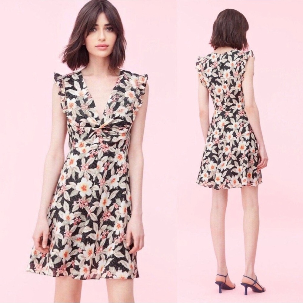 NWT Rebecca Taylor Kamea Smocked Floral Flutter-Sleeve V-Neck Stretch Dress